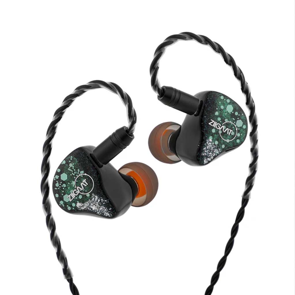ZiiGaat Arcanis IEM with hybrid 2DD+5BA drivers, featuring hand-painted green faceplates and braided detachable cable for high-fidelity audio.