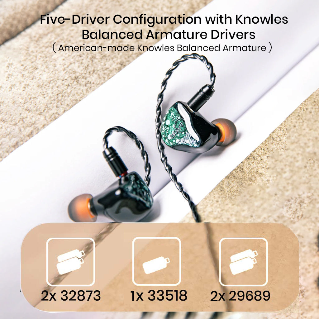 ZiiGaat Arcanis IEM featuring 5 Knowles balanced armature drivers for detailed treble and midrange, ideal for professional audio monitoring.