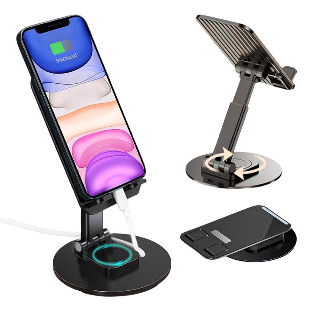 TECPHILE Aerogrip 360-degree adjustable mobile holder and phone stand with foldable design, shown holding a smartphone while charging.