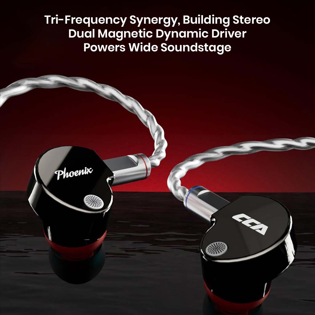 CCA Phoenix IEM with dual magnetic dynamic drivers and silver braided cable, delivering wide stereo soundstage.
