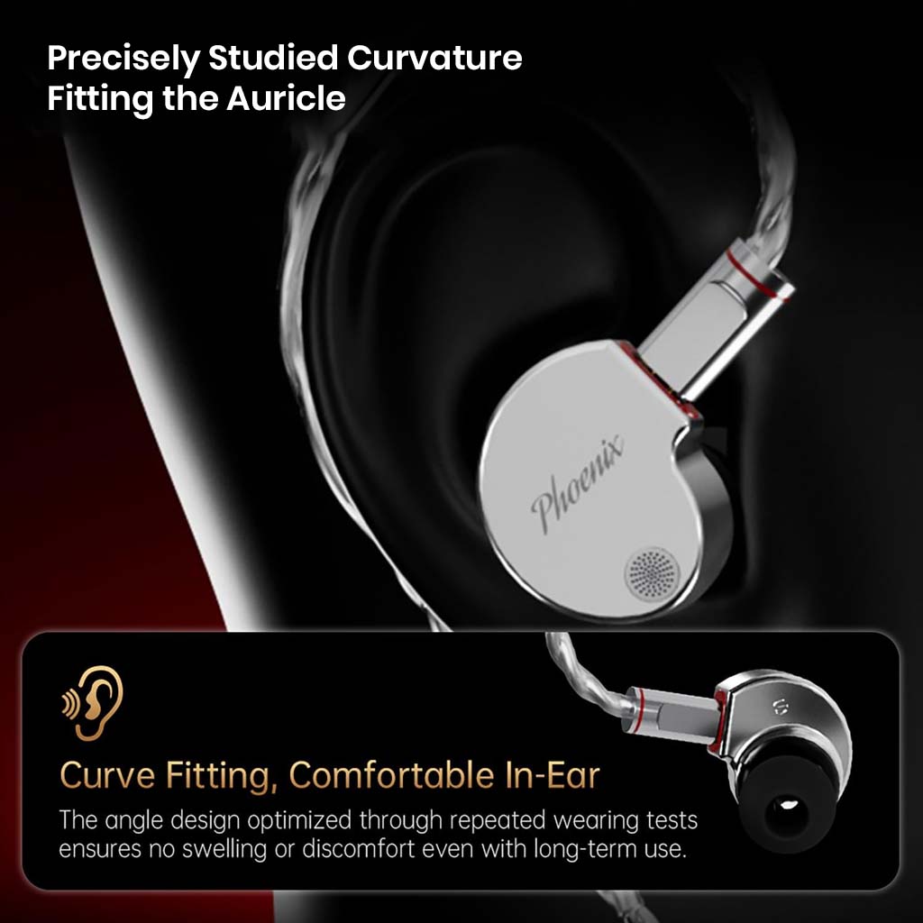 CCA Phoenix IEM worn in ear, showing ergonomic curvature for comfortable long-term fit.