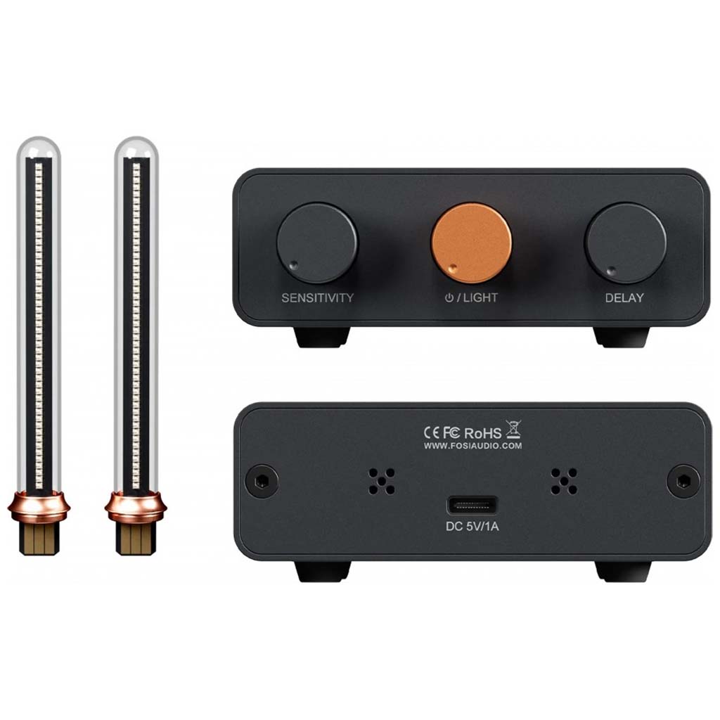 Front and rear views of Fosi Audio - AH-01A Music Rhythm Visualizer Light showing USB-C port, dual LED tubes, and adjustable control knobs for lighting effects.