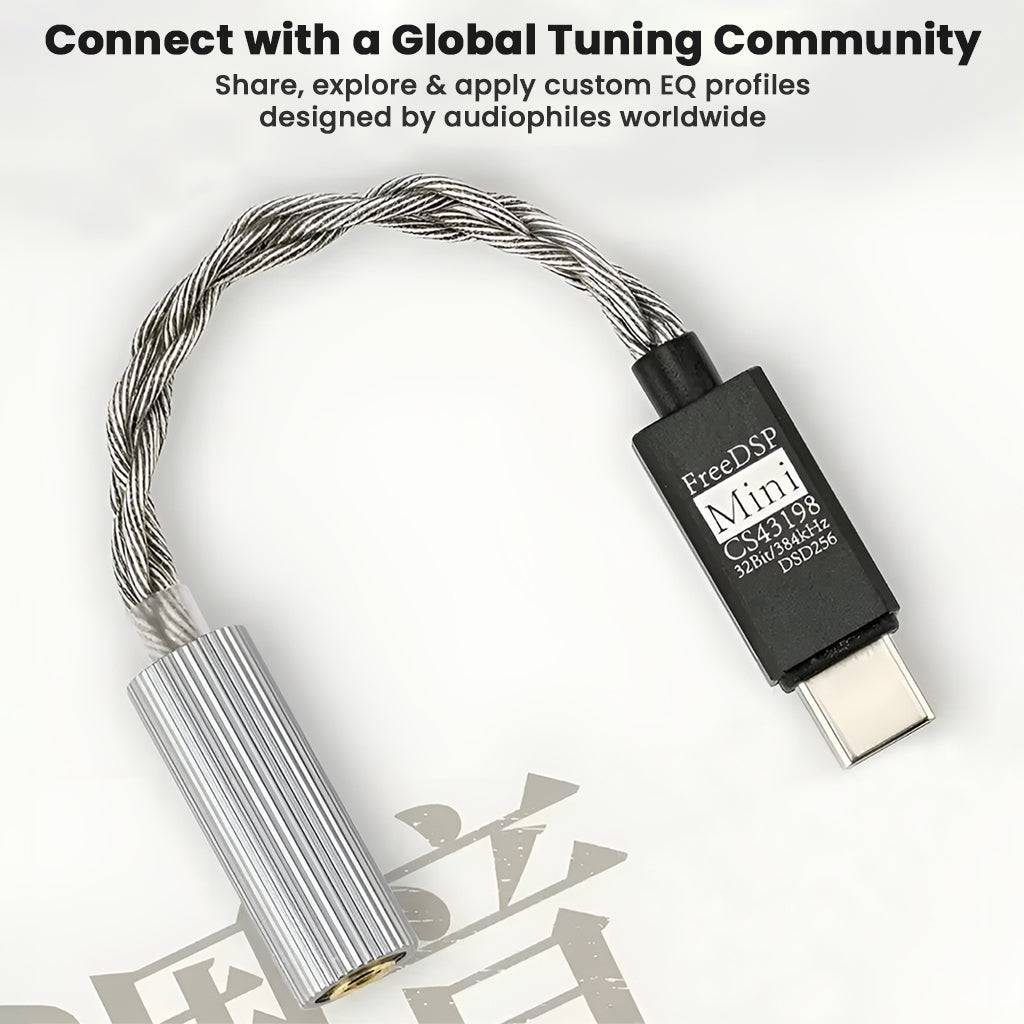 Moondrop FreeDSP Mini USB-C DAC with text promoting global EQ tuning community for audiophiles to share and apply custom sound profiles.