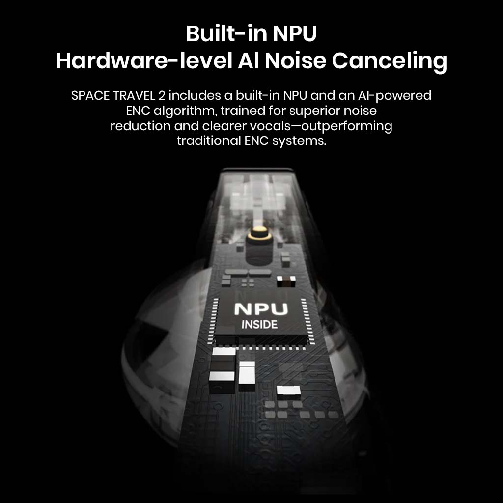 Close-up of MOONDROP Space Travel 2's built-in NPU chip for AI-powered noise canceling, offering superior voice clarity and sound isolation.