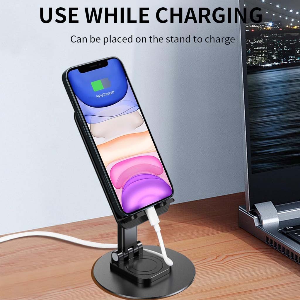 TECPHILE Aerogrip phone stand in use while charging a smartphone, ideal for desks and multitasking setups.