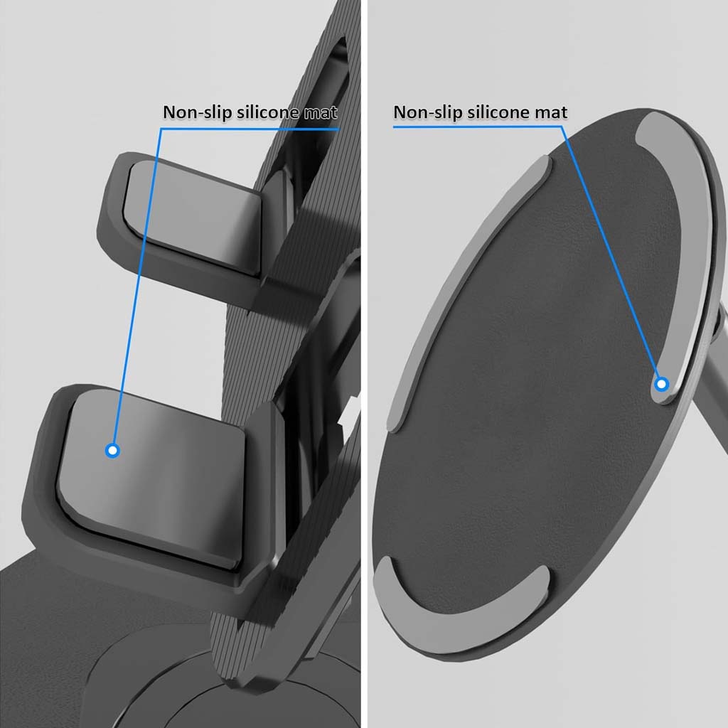 Non-slip silicone mats on TECPHILE Aerogrip phone stand base and holder arms for enhanced stability and device protection.