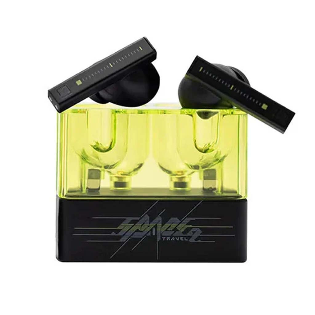 MOONDROP Space Travel 2 earbuds in black with neon green transparent charging case, featuring sleek and futuristic design.