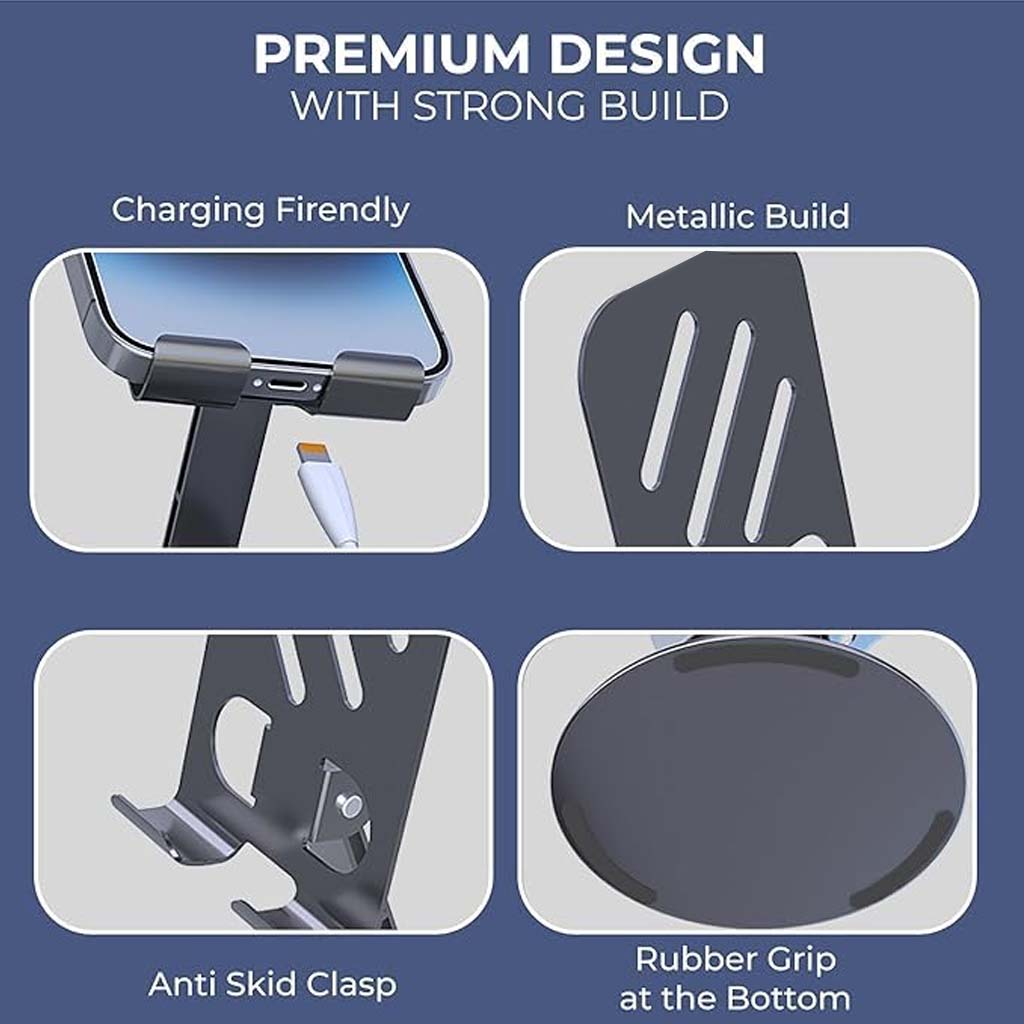 Close-up of TECPHILE Phone Stand features including metallic build, anti-skid clasp, rubber grip, and charging-friendly design.