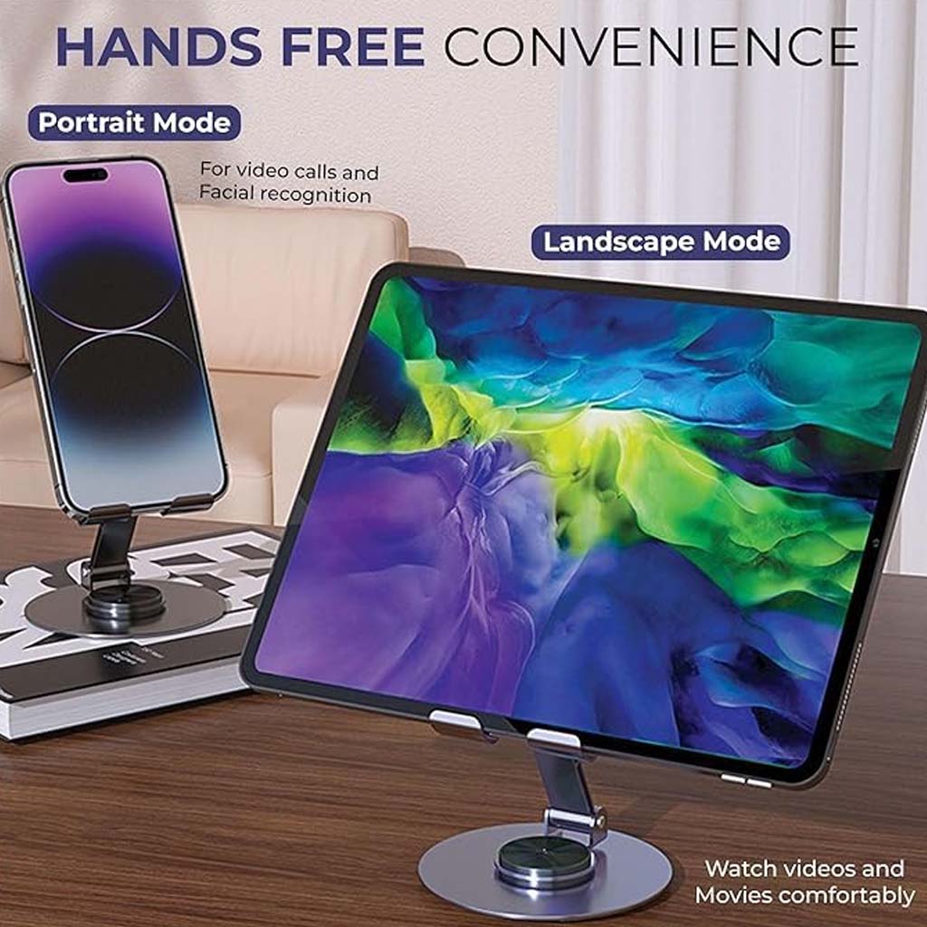 TECPHILE Desk Stand in portrait and landscape modes, offering hands-free convenience for video calls, movies, and multitasking.
