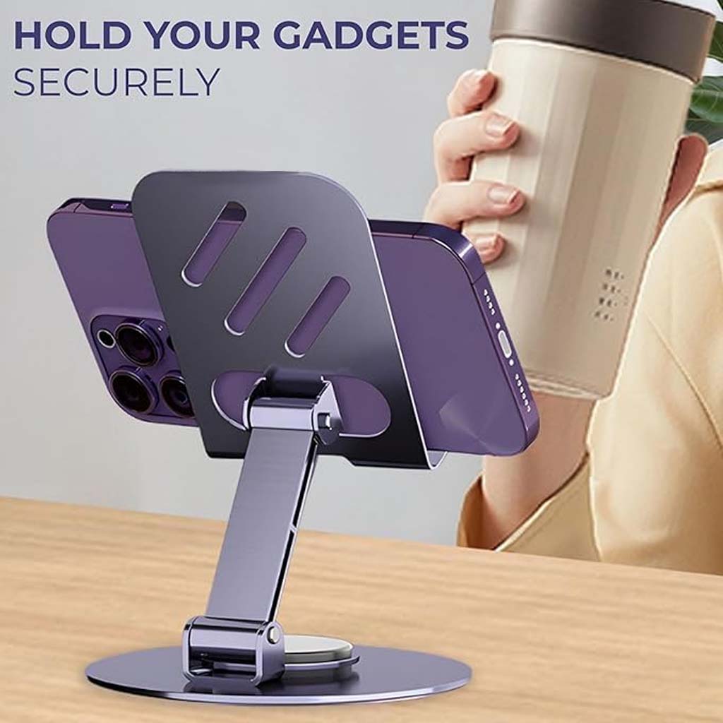 Back view of TECPHILE Foldable Phone Stand securely holding a smartphone, perfect for stable gadget support on any surface.