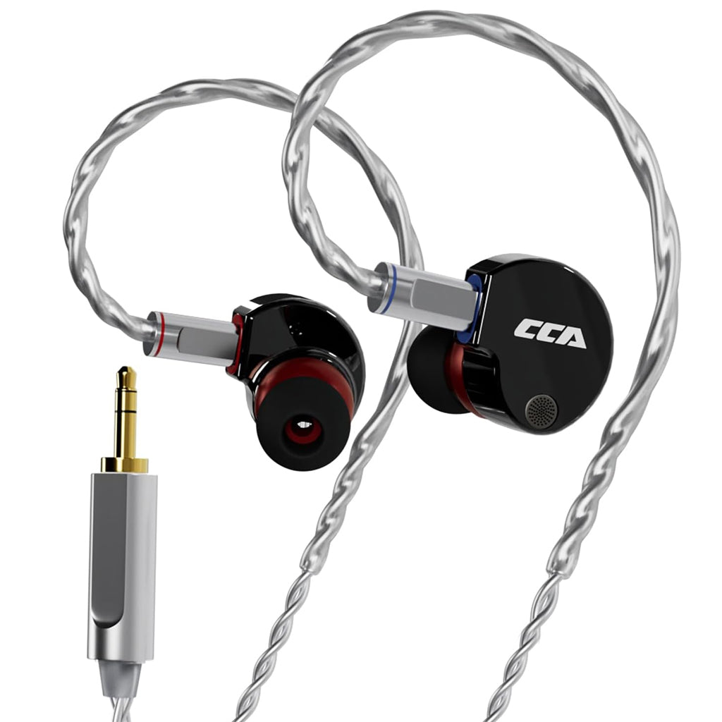 Dark grey CCA Phoenix IEM with 3.5mm jack, no mic, designed for deep bass and clear treble.