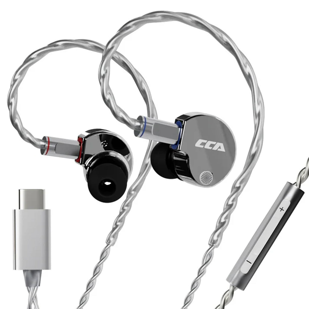 Silver CCA Phoenix IEM with Type-C connector and inline mic, ideal for modern devices and clear calls.
