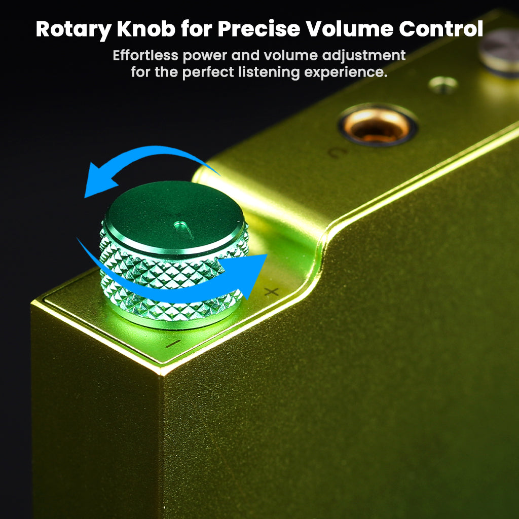 Rotary knob on Dethonray Clarinet Lite DAC allows precise volume control and effortless power adjustment for optimal listening.