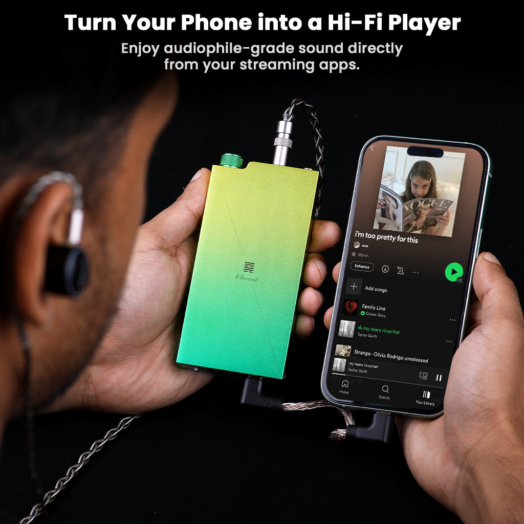 User streaming music on smartphone connected to Dethonray Clarinet Lite DAC, turning it into a high-fidelity audio player.
