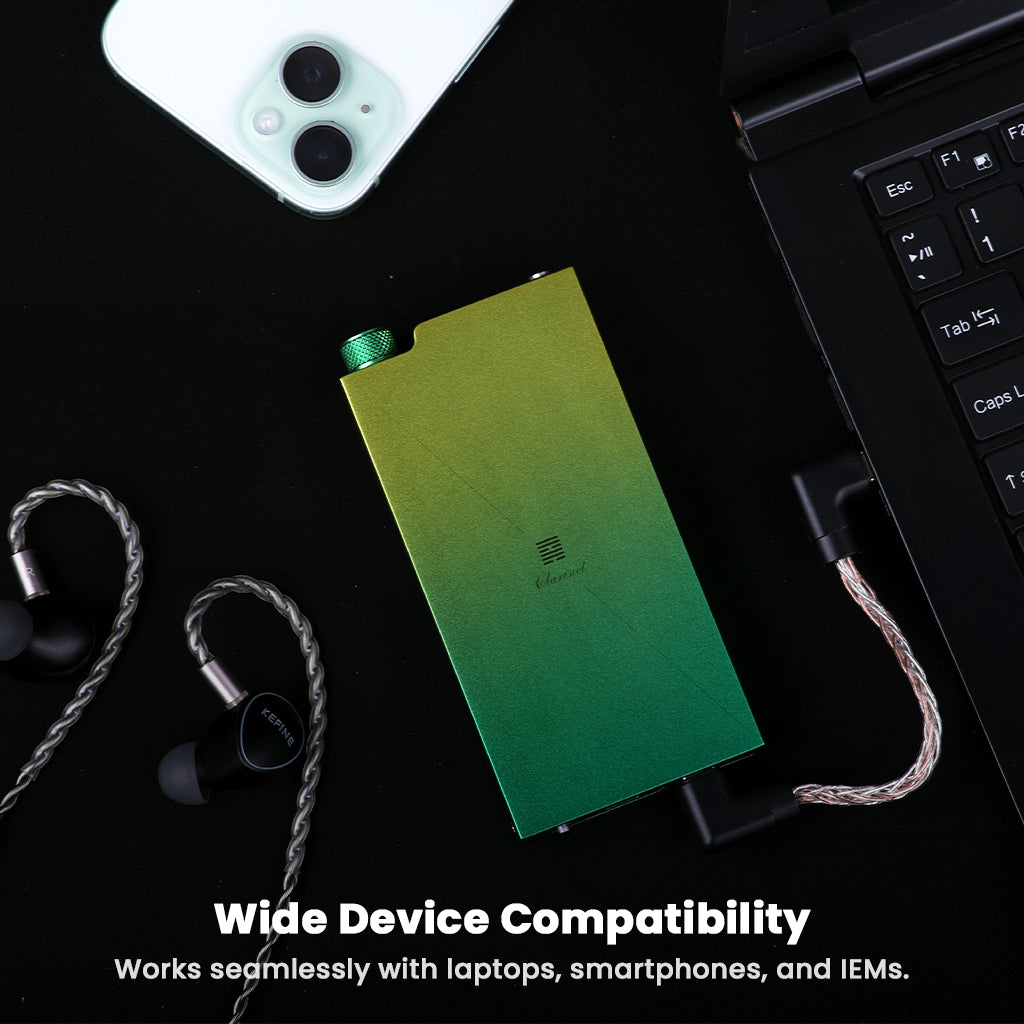 Dethonray Clarinet Lite DAC shown with laptop, smartphone, and IEMs, highlighting wide compatibility with modern devices.