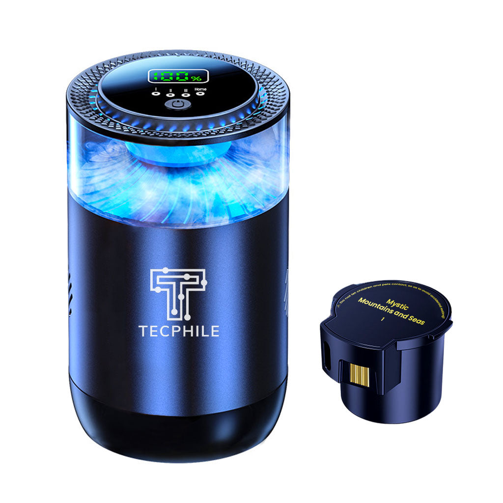 P3 Car Air Freshener Atomizer with Mystic Mountains and Seas Aroma cartridge, delivering a refreshing mountain and ocean breeze scent.
