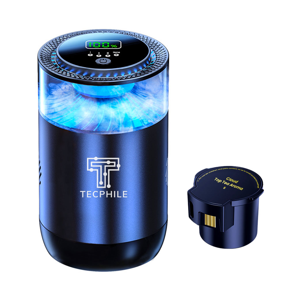 P3 Car Air Freshener Atomizer with Cloud Top Tea Aroma cartridge, offering a calming tea leaf and mountain air fragrance blend.
