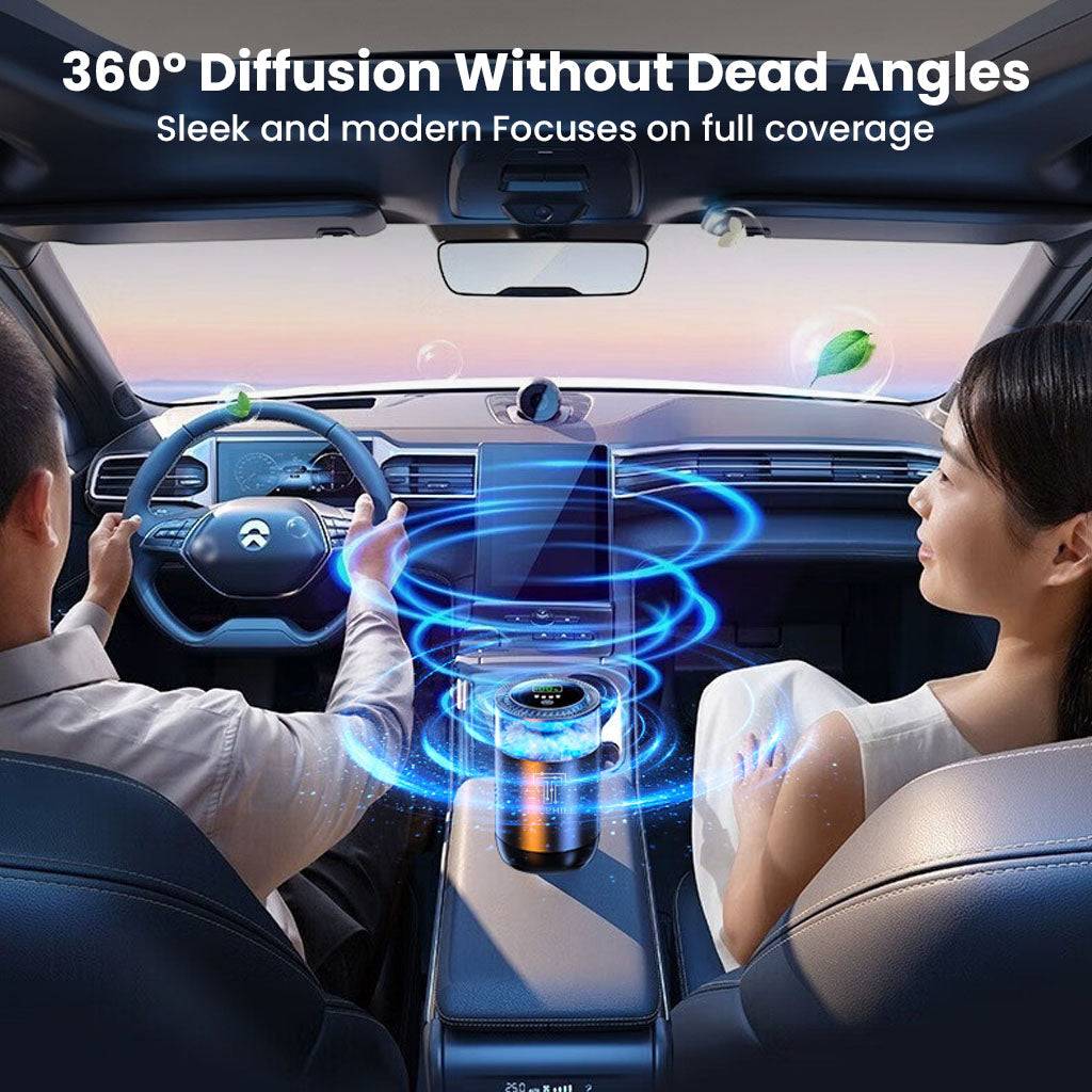 P3 Car Air Freshener Atomizer in a car interior showcasing 360° diffusion coverage with ambient lighting and modern dashboard placement.