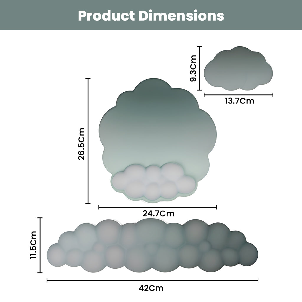 TECPHILE cloud-shaped mouse pad and keyboard wrist rest set with detailed product dimensions for accurate desk fitting.