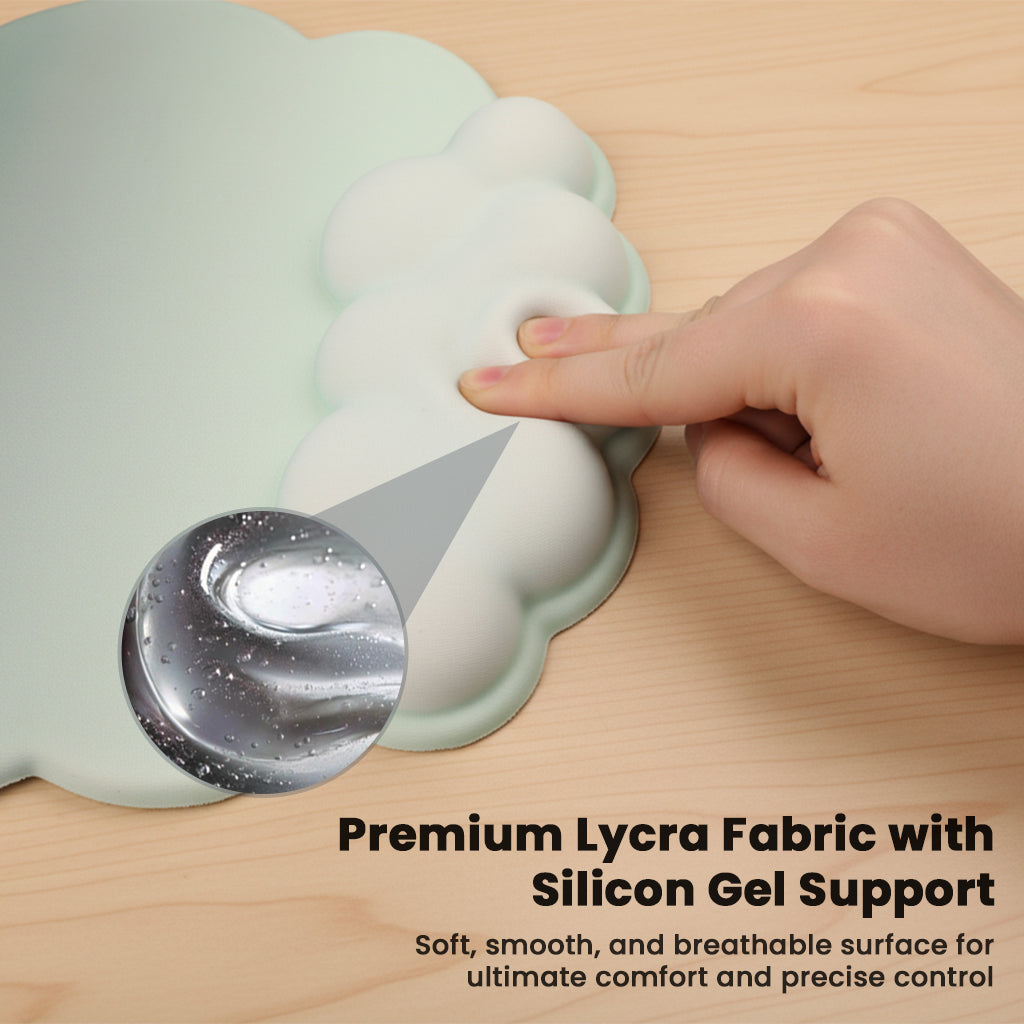 Close-up of TECPHILE mouse pad's premium Lycra fabric and silicon gel support for smooth, breathable, and precise control.