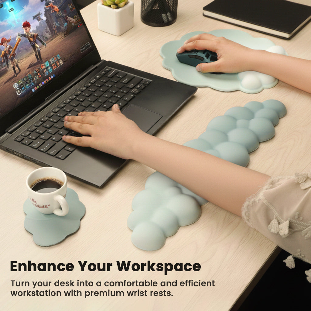 Complete TECPHILE ergonomic desk set with cloud-shaped mouse pad, keyboard wrist rest, and coaster for enhanced workspace.