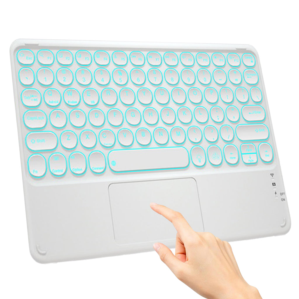 White TECPHILE 250D Wireless Keyboard with cyan backlight and hand gesture on touchpad for navigation.