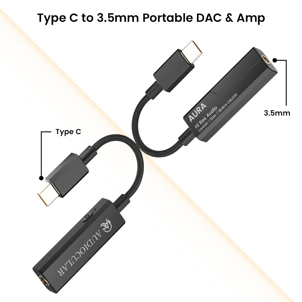 Type-C to 3.5mm AUDIOCULAR AURA Hi-Res DAC & Amp with compact design, ideal for portable use with smartphones and audio devices.