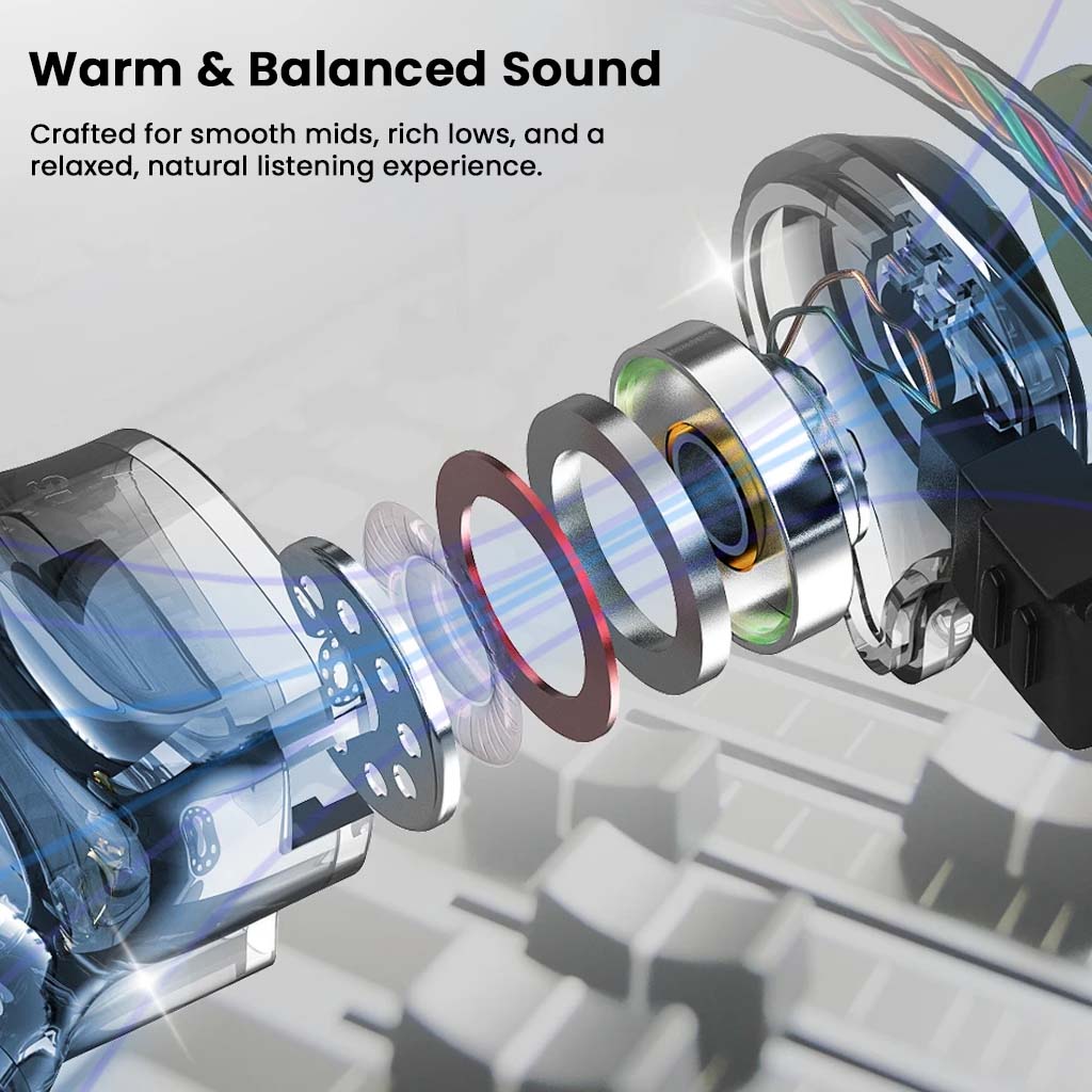 Exploded view of AUDIOCULAR BR Pro IEM components highlighting warm, balanced sound with titanium driver and layered acoustic design.