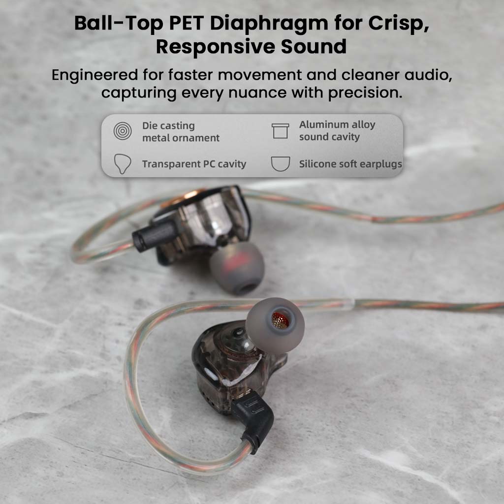 AUDIOCULAR BR Pro IEM with ball-top PET diaphragm and silicone ear tips, engineered for crisp, responsive sound and comfort.