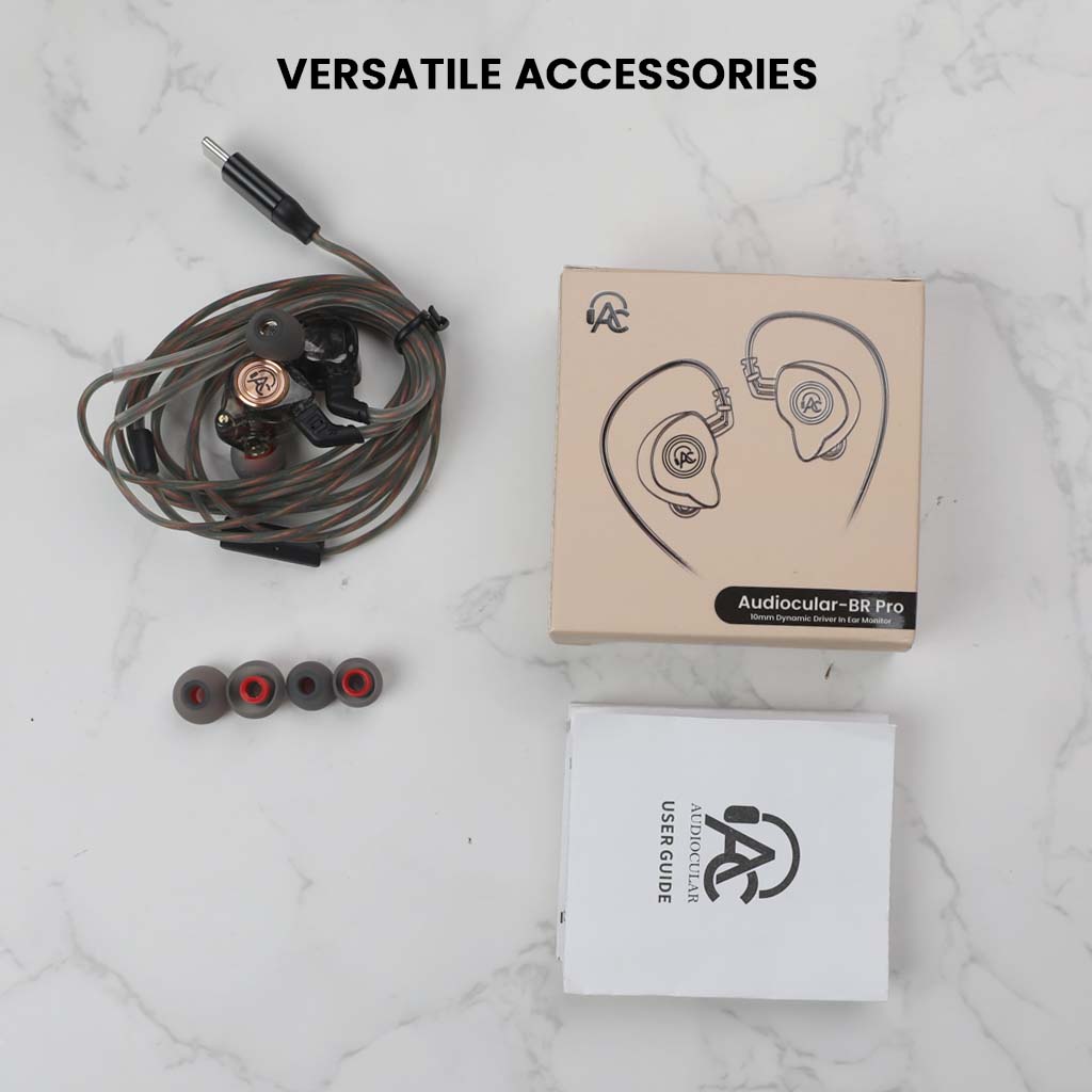 AUDIOCULAR BR Pro IEM full package with ear tips, user guide, and box, offering complete accessories for a premium audio experience.