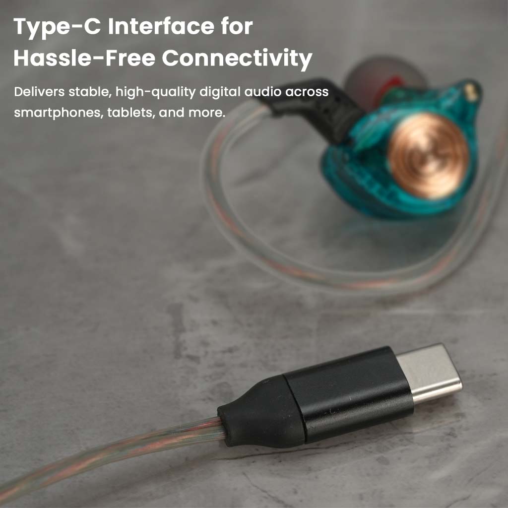 Type-C plug of teal AUDIOCULAR BR Pro IEM offers hassle-free connectivity with high-quality digital audio for modern devices.