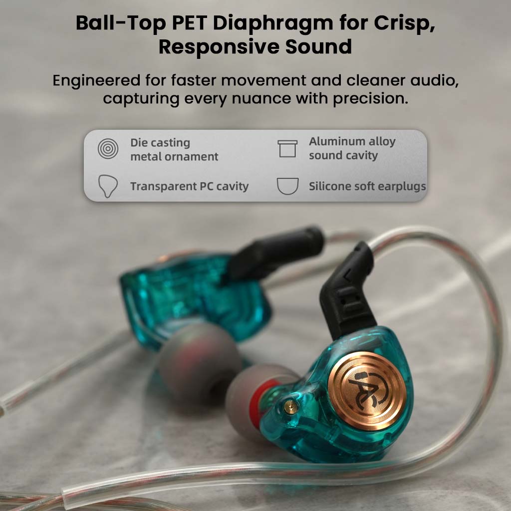 Teal AUDIOCULAR BR Pro IEM with ball-top PET diaphragm and aluminum sound cavity for crisp, responsive audio output.