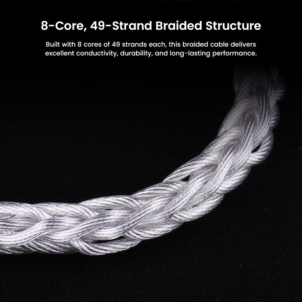 Close-up of AUDIOCULAR C12's 8-core, 49-strand braided structure showcasing premium build quality for durability and superior audio performance.