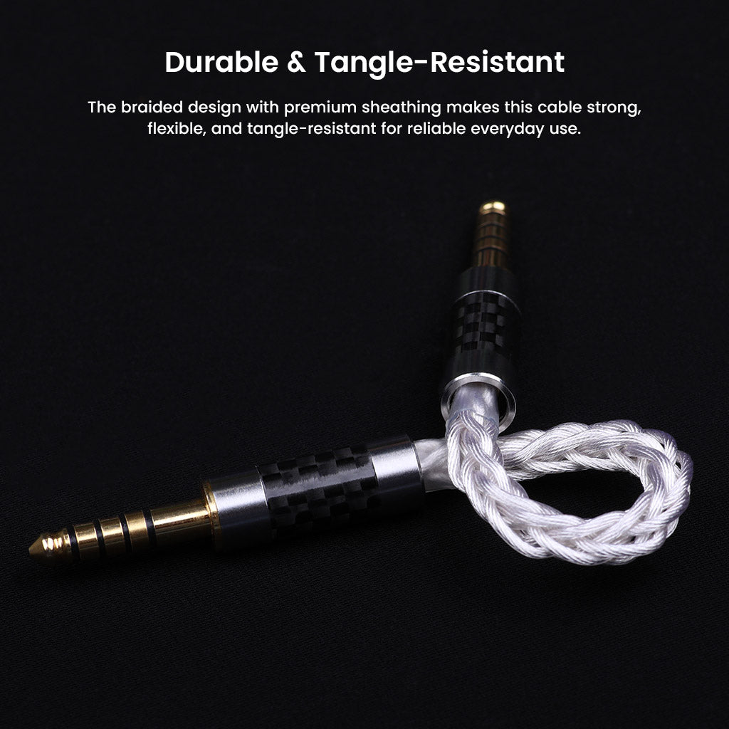 Tangle-resistant AUDIOCULAR C12 balanced audio cable with carbon fiber sheathing and gold-plated plugs for reliable daily use and flexibility.