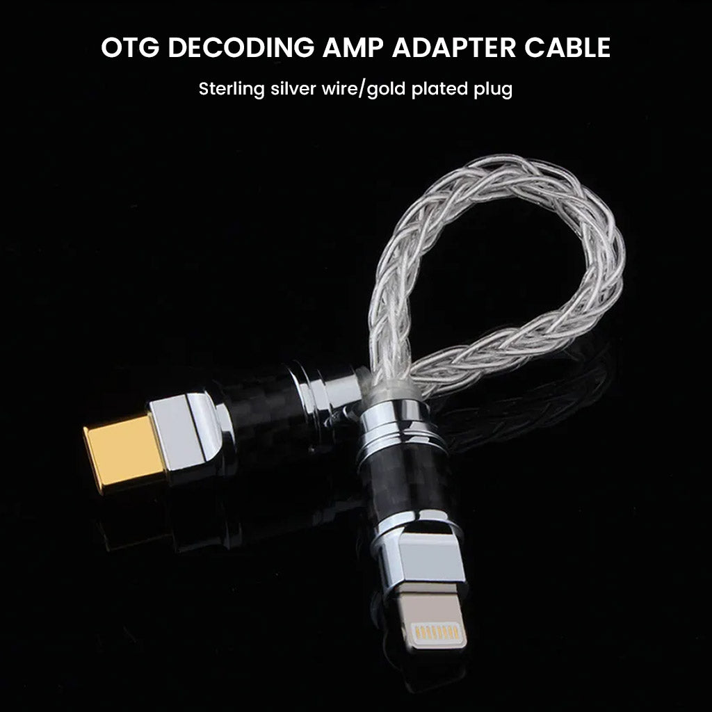 OTG decoding AMP adapter cable featuring sterling silver wire and gold-plated plug for enhanced audio transmission and durability.