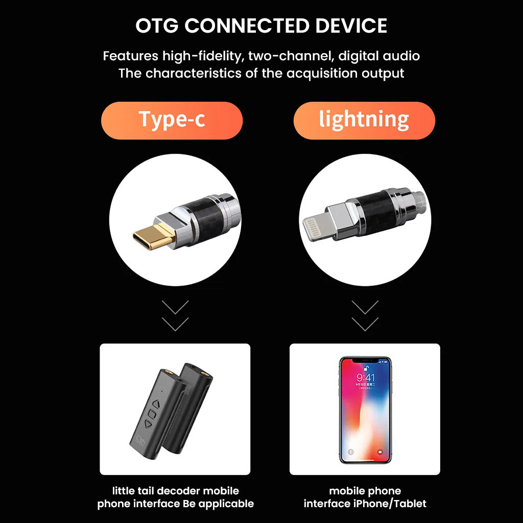 Type-C to Lightning OTG cable supports high-fidelity digital audio output for mobile phones and portable DACs with dual-channel support.