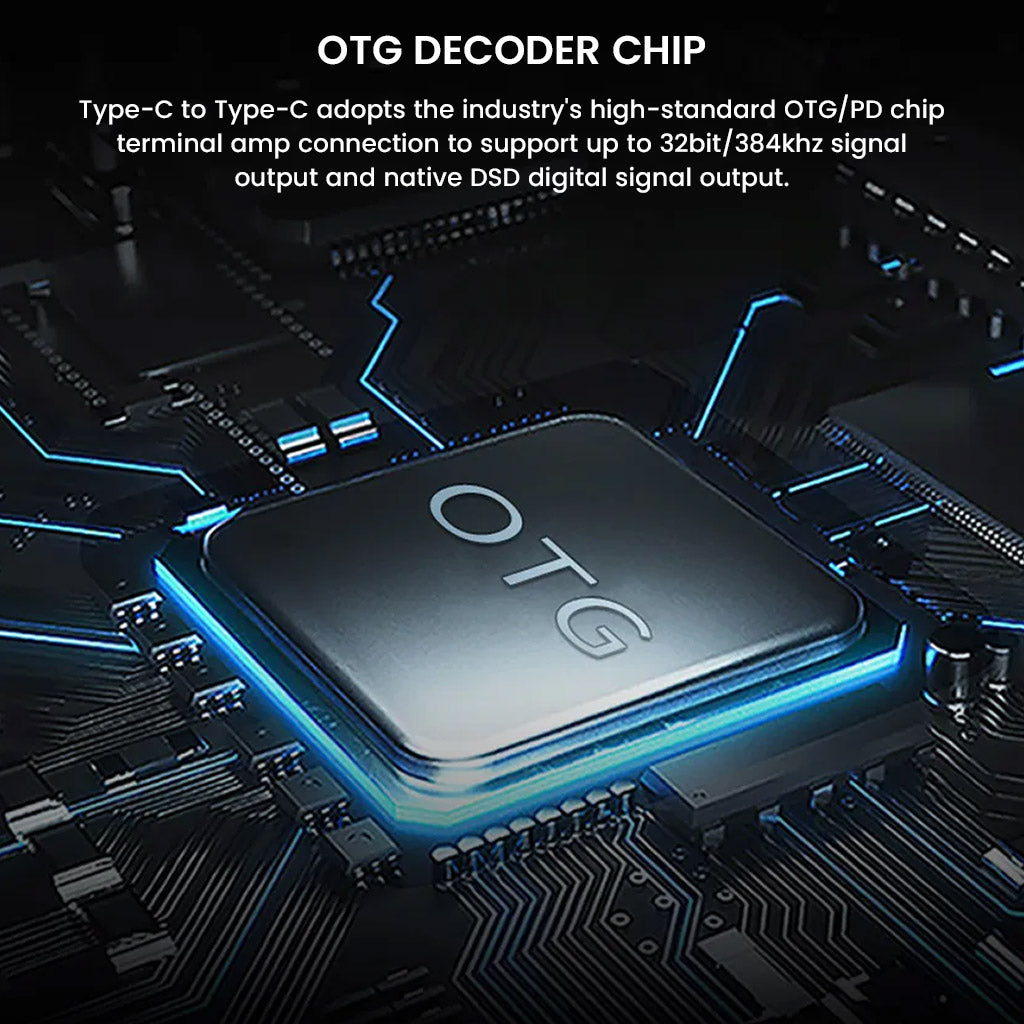 Close-up of OTG decoder chip enabling 32bit/384kHz signal output and native DSD digital audio with Audiocular C13 cable.