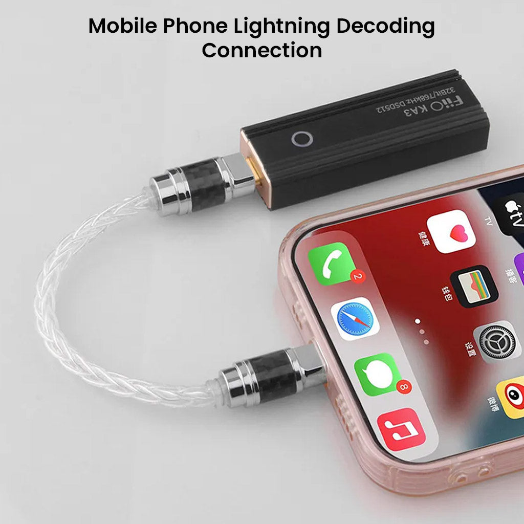 Audiocular C13 cable connecting a mobile phone to a DAC device via Lightning and Type-C ports for high-fidelity audio decoding.