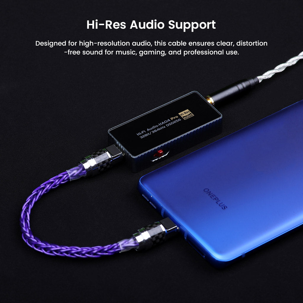 AUDIOCULAR - C14 Type-C to Type-C cable connected to smartphone and DAC, showcasing hi-res audio support for professional sound quality.