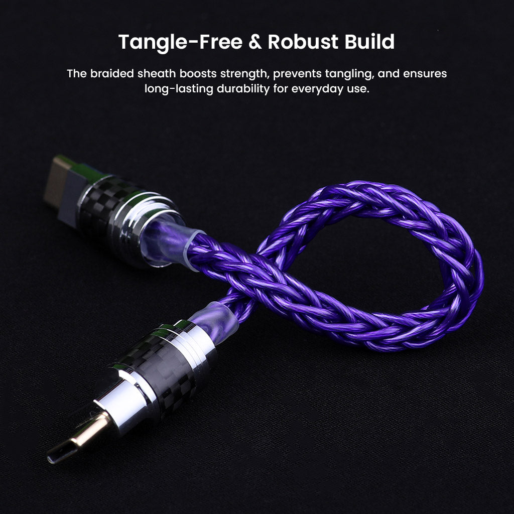 Close-up of AUDIOCULAR - C14 Type-C to Type-C cable highlighting its tangle-free, durable braided build for everyday audiophile use.