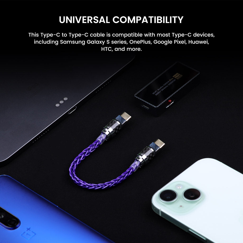 AUDIOCULAR - C14 Type-C to Type-C cable shown with multiple devices, emphasizing universal compatibility with Type-C smartphones and audio gear.