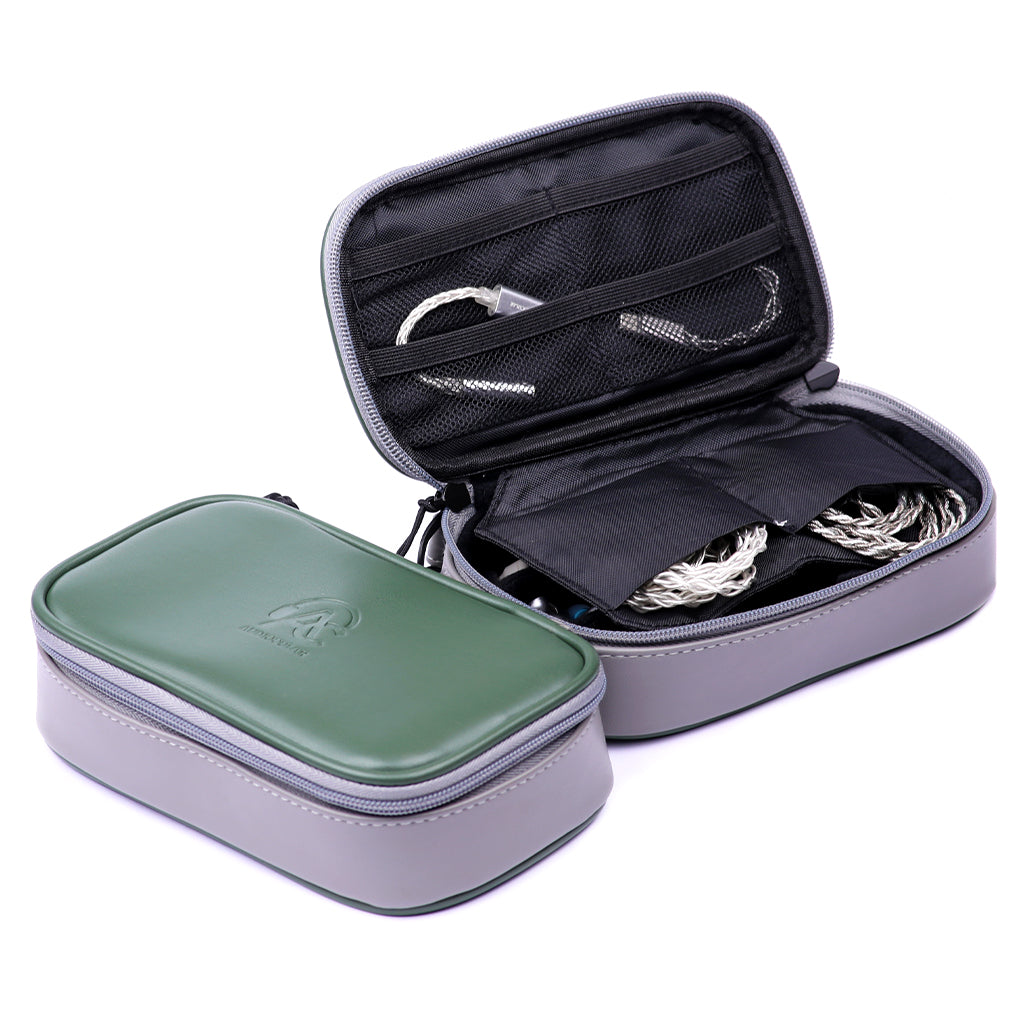 AUDIOCULAR CRATE premium portable multi-purpose case with green PU leather top and organized interior for IEMs, cables, and audio accessories.