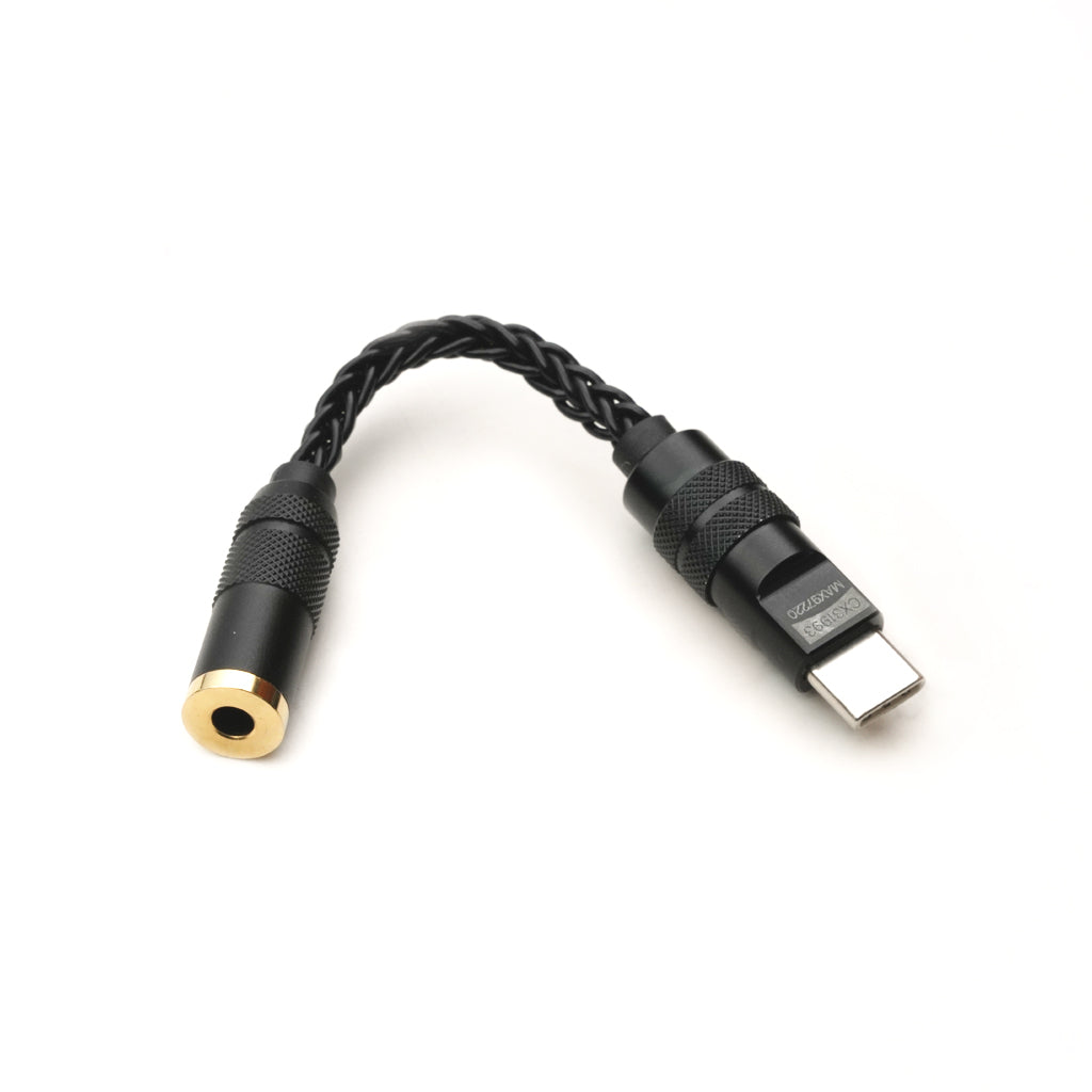 Black AUDIOCULAR USB-C to 3.5mm DAC Dongle with gold-plated jack, designed for premium audio and durable use.