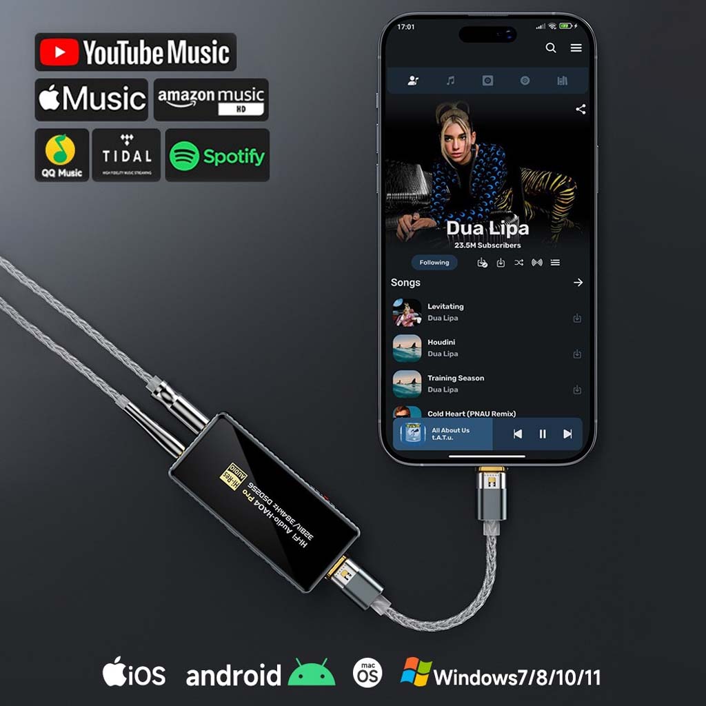 Audiocular HA04 Pro DAC Amp supports iOS, Android, Windows, and streaming apps like Spotify and Tidal for versatile audio playback.