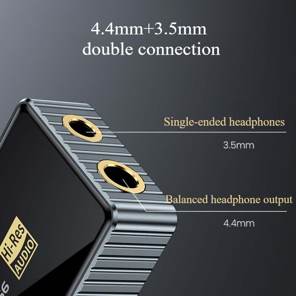 Audiocular HA04 Pro DAC Amp features dual 4.4mm and 3.5mm headphone jacks for balanced and single-ended audio connections.