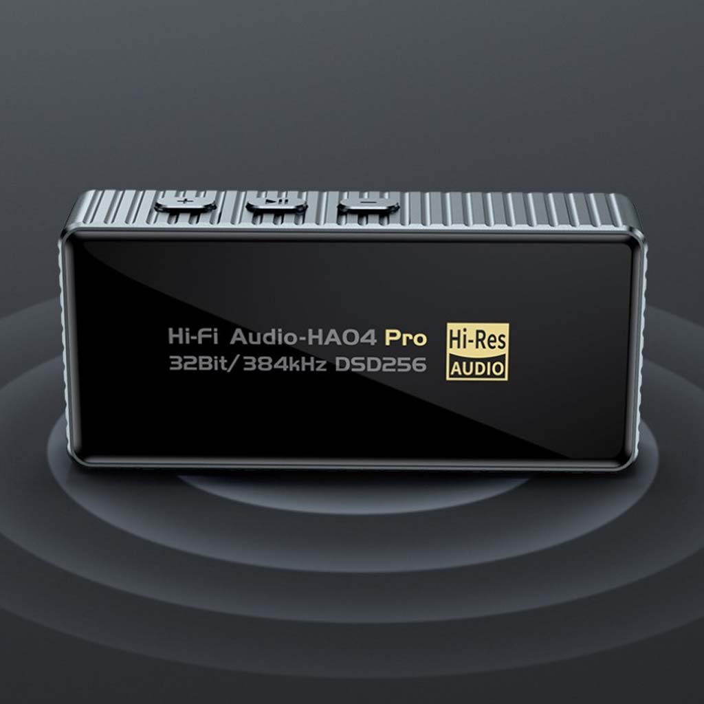 Front view of Audiocular HA04 Pro DAC Amp with Hi-Res Audio logo, offering 32Bit/384kHz DSD256 playback and 500mW output.
