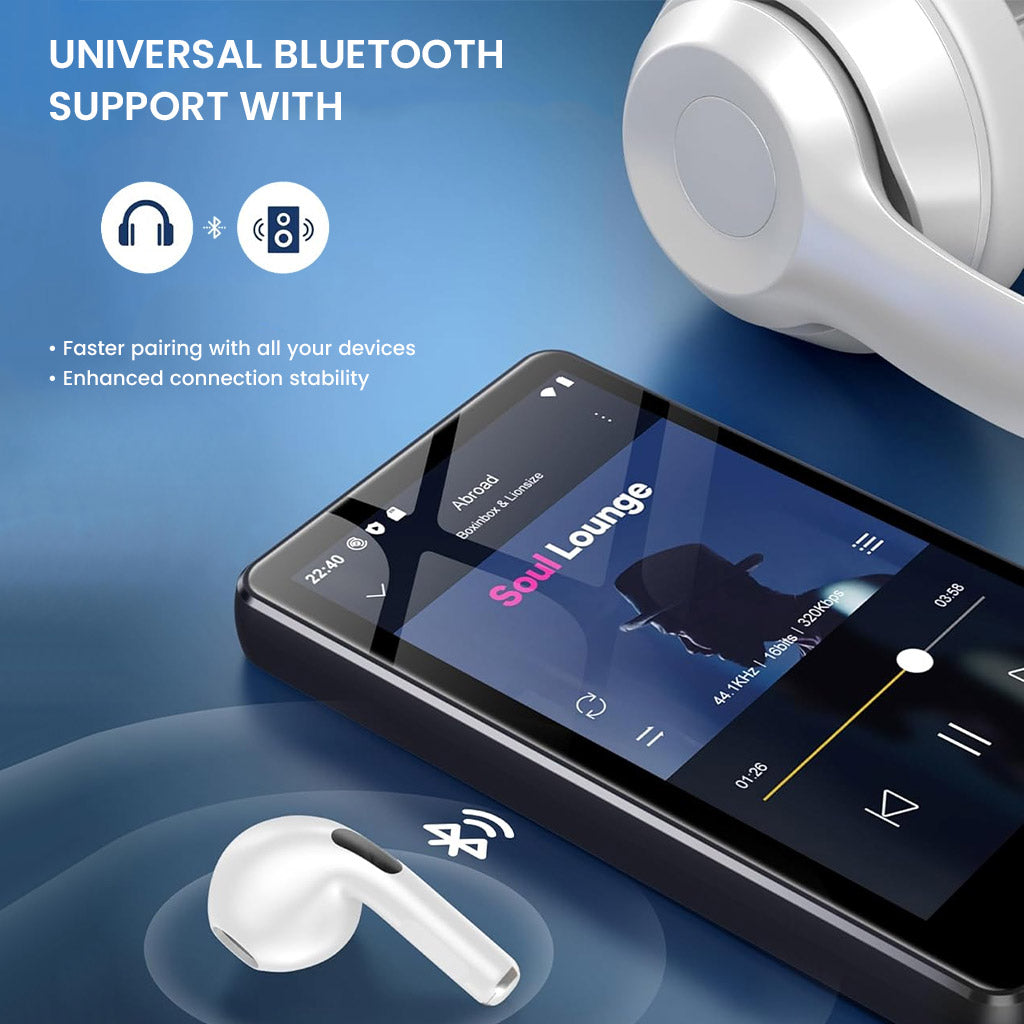 AUDIOCULAR M302 MP3 player with universal Bluetooth support for fast pairing and stable connection with headphones and speakers.