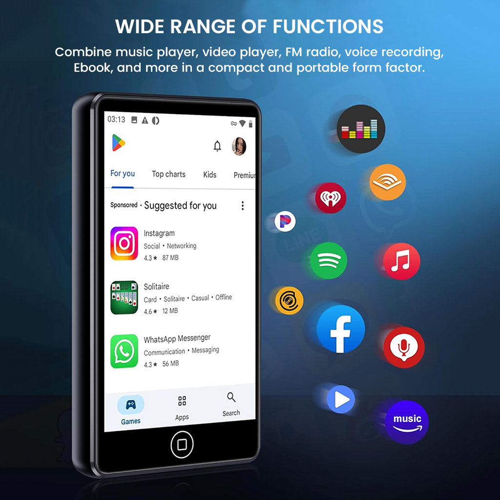 AUDIOCULAR M302 Android MP3 player offering multiple functions like FM radio, voice recording, ebook reader, and app support in a compact design.