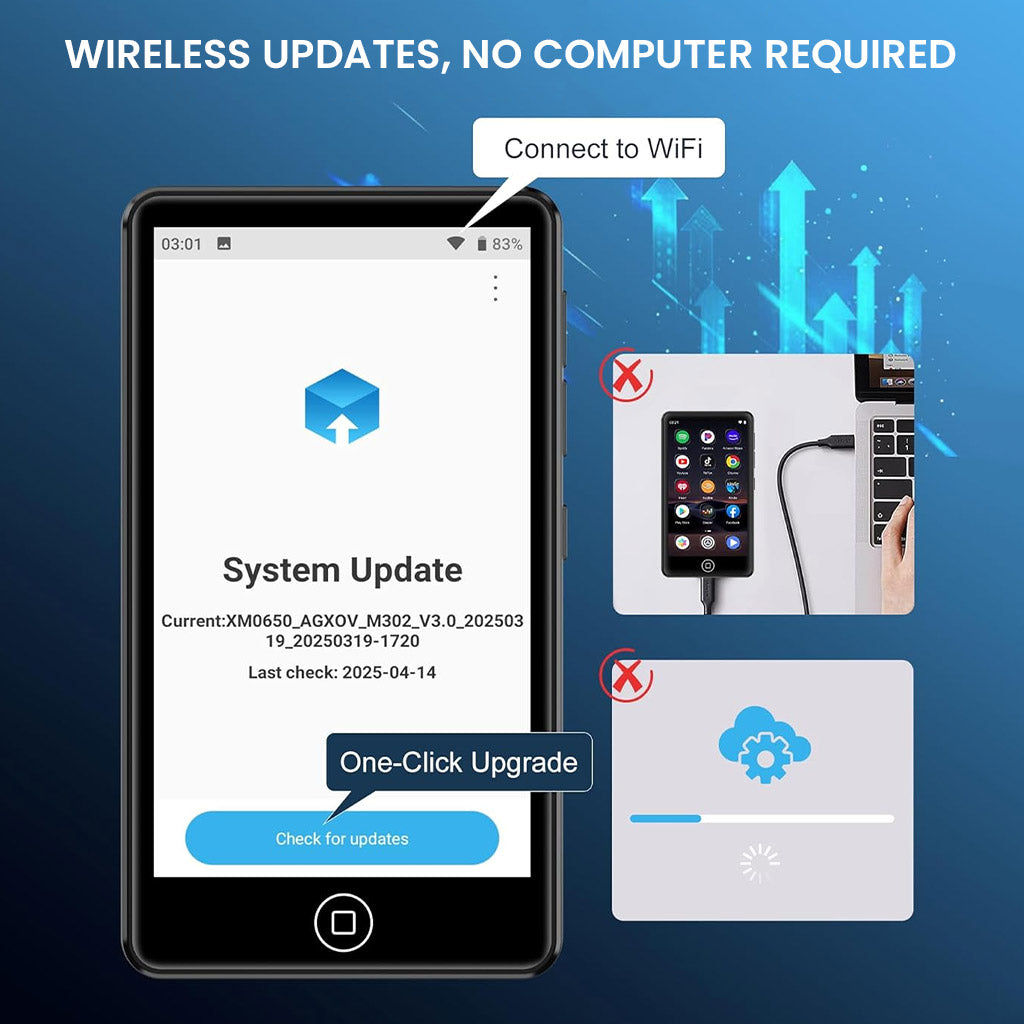 AUDIOCULAR M302 MP3 player supports wireless updates via WiFi with one-click upgrade, no computer needed for system updates.