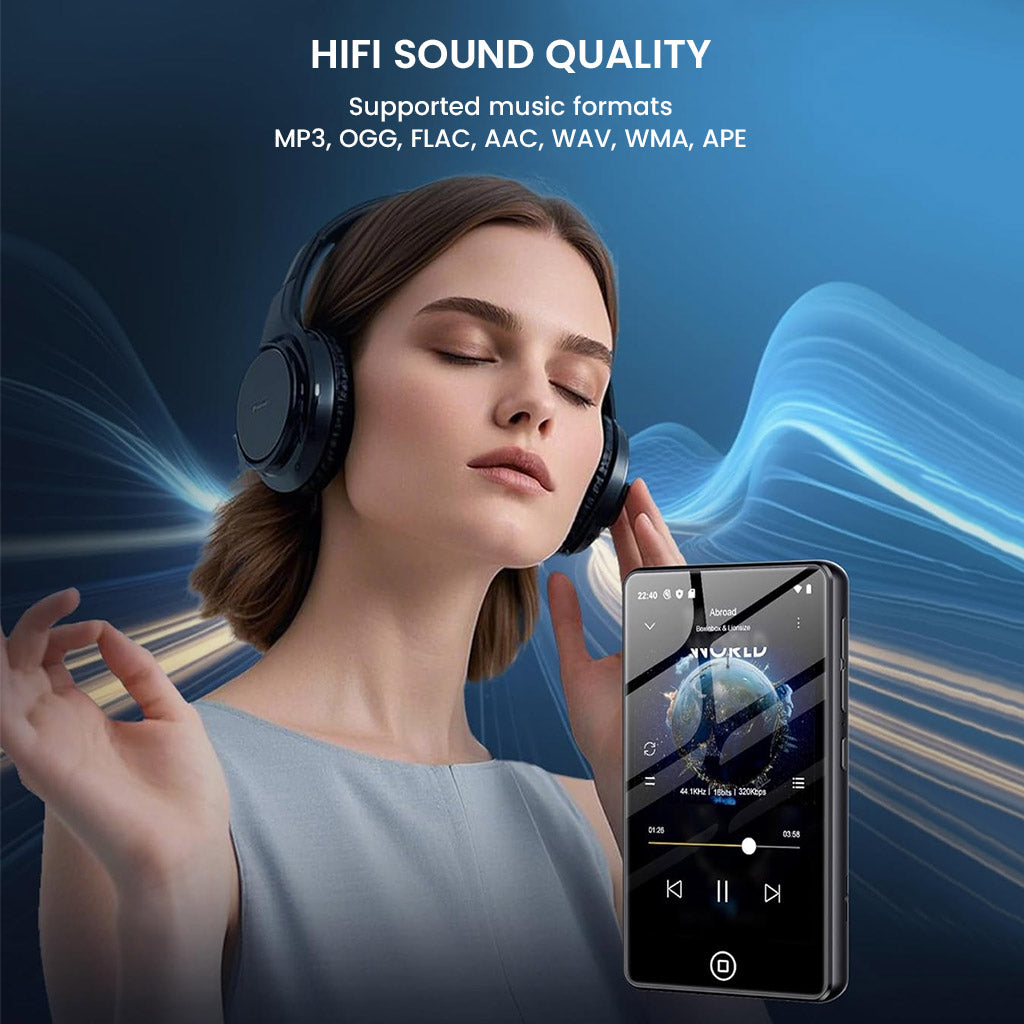 HiFi sound quality on the AUDIOCULAR M302 MP3 player, supporting MP3, FLAC, WAV, and more, shown with a woman enjoying music on headphones.